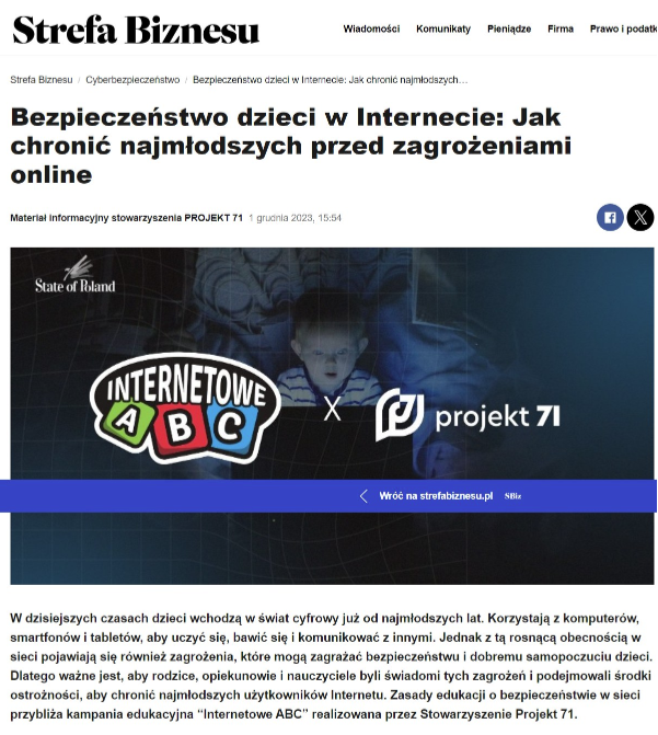 O naszym naszym najnowszym projekcie głośno w ogólnopolskich mediach! Cieszymy się, że możemy dotrzeć na tak szeroką skalę do tysięcy ludzi, aby uświadamiać społeczeństwo w zakresie cyberbezpieczeństwa. Wszystko zaczyna się od wychowania i edukacji. - Projekt 71 - Głos Średzki